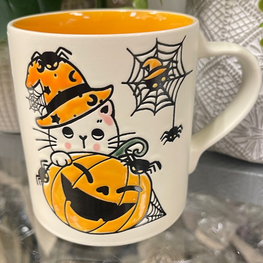 Halloween Cat Witch Pumpkins Spiders Orange Ceramic Coffee Mug NWT Eli & Ana